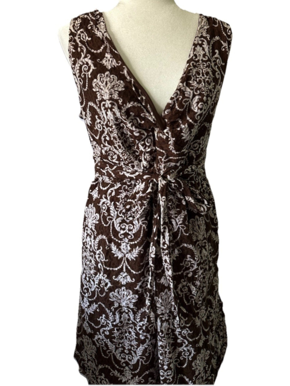 Cato Plus Size 22/24 Brown Damask Faux Wrap Dress V-Neck Sleeveless Knee Length